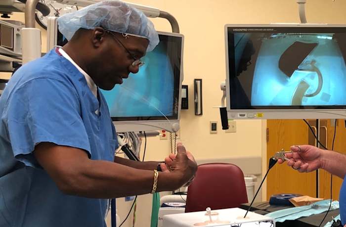 Wayne Radford gives a presentation on one of Cook Medical's device simulators.